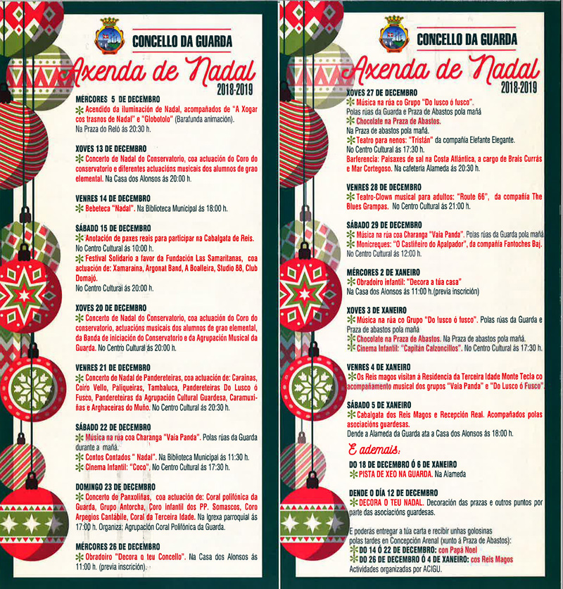 Teatro, animación musical por las calles, conciertos de “panxoliñas”, talleres de decoración, chocolatadas, pista de hielo, o la Cabalgata de Reyes, son algunas de las actividades previstas desde el 5 de diciembre hasta el 6 de Enero, un mes en el que A Guarda vivirá en la magia de la Navidad.