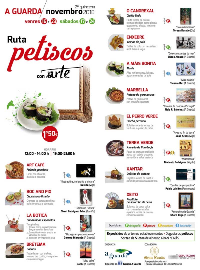 La Ruta “Petiscos con Arte” tendrá lugar los dos fines de semana de la segunda quincena de noviembre, los días 16, 17, 23 y 24 en horario de mañana de 12:00h a 14:00h y de tarde de 19:00h a 21:30h.