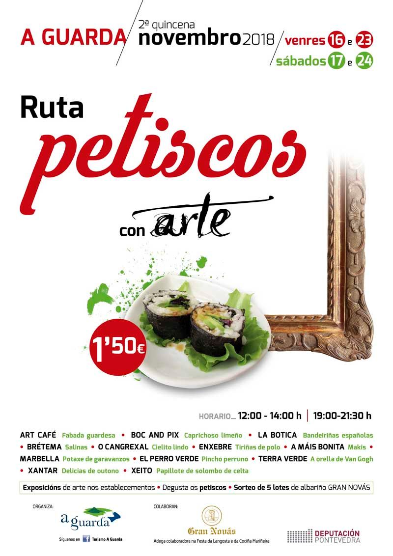 La Ruta “Petiscos con Arte” tendrá lugar los dos fines de semana de la segunda quincena de noviembre, los días 16, 17, 23 y 24 en horario de mañana de 12:00h a 14:00h y de tarde de 19:00h a 21:30h.